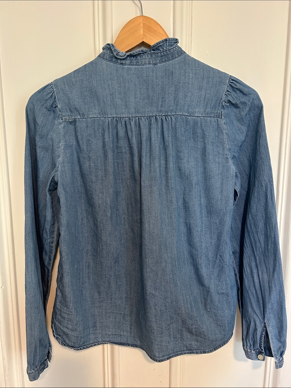 LOFT Light Denim Ruffle-Front Blouse - Picture 2 of 5